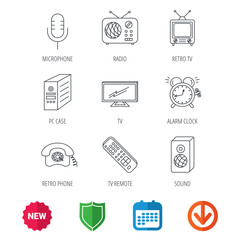 TV remote, retro phone and radio icons. PC case, microphone and alarm clock linear signs. New tag, shield and calendar web icons. Download arrow. Vector