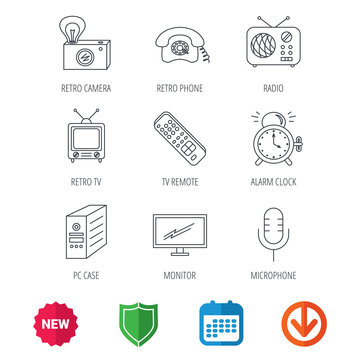 Retro camera, radio and phone call icons. Monitor, PC case and microphone linear signs. TV remote, alarm clock icons. New tag, shield and calendar web icons. Download arrow. Vector