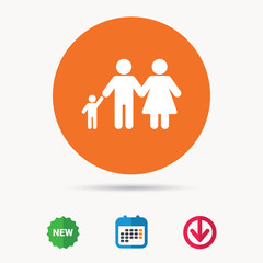 Family icon. Father, mother and child symbol. Calendar, download arrow and new tag signs. Colored flat web icons. Vector