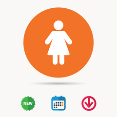 Woman icon. Female human symbol. User sign. Calendar, download arrow and new tag signs. Colored flat web icons. Vector