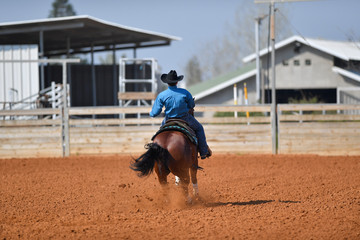 A rear view of a rider sliding the horse in the dirt