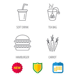 Hamburger, tea bag and soft drink icons. Carrot linear sign. Shield protection, calendar and new tag web icons. Vector