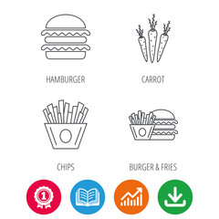 Hamburger, carrot and chips icons. Burger and chips fries linear signs. Award medal, growth chart and opened book web icons. Download arrow. Vector