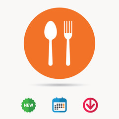 Food icons. Fork and spoon signs. Cutlery symbol. Calendar, download arrow and new tag signs. Colored flat web icons. Vector