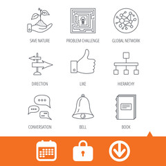 Global network, like and conversation icons. Book, bell and direction arrows linear signs. Save nature, maze and hierarchy icons. Download arrow, locker and calendar web icons. Vector