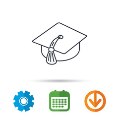 Graduation cap icon. Diploma ceremony sign. Calendar, cogwheel and download arrow signs. Colored flat web icons. Vector