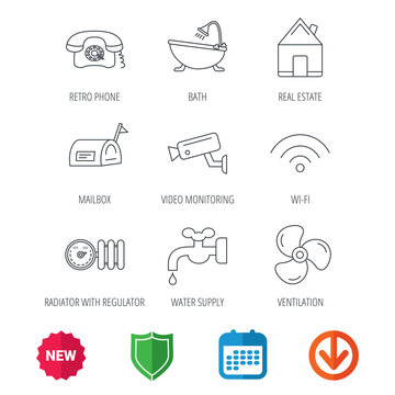 Wifi, video camera and mailbox icons. Real estate, bath and water supply linear signs. Radiator with heat regulator, phone icons. New tag, shield and calendar web icons. Download arrow. Vector