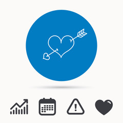 Love heart icon. Amour arrow sign. Calendar, attention sign and growth chart. Button with web icon. Vector