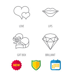 Love heart, brilliant and gift box icons. Kiss lips linear sign. Shield protection, calendar and new tag web icons. Vector