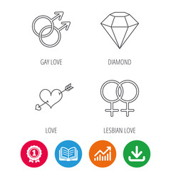 Love heart, diamond and lesbian love icons. Gay love linear sign. Award medal, growth chart and opened book web icons. Download arrow. Vector