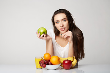woman beauty girl with fruits basket on gray white background