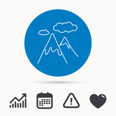 Mountain icon. Hills and clouds sign. Climbing travel symbol. Calendar, attention sign and growth chart. Button with web icon. Vector