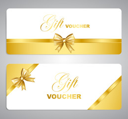 Gift voucher with gold bow and border. Holiday card template set. Vector illustration.