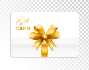 Gift card with box and gold bow isolated on transparent background. Vector illustration.