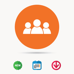 People icon. Group of humans sign. Team work symbol. Calendar, download arrow and new tag signs. Colored flat web icons. Vector