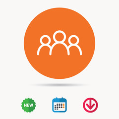 People icon. Group of humans sign. Team work symbol. Calendar, download arrow and new tag signs. Colored flat web icons. Vector