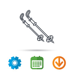 Skiing icon. Ski sticks or poles sign. Winter sport symbol. Calendar, cogwheel and download arrow signs. Colored flat web icons. Vector