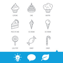 Cake, candy and muffin icons. Cupcake, ice cream and lolly pop linear signs. Piece of cake icon. Light bulb, speech bubble and leaf web icons. Vector