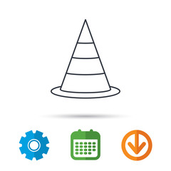 Traffic cone icon. Road warning sign. Calendar, cogwheel and download arrow signs. Colored flat web icons. Vector