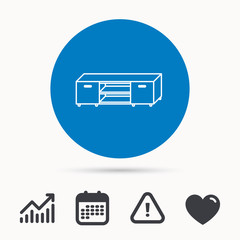 TV table stand icon. Television furniture sign. Calendar, attention sign and growth chart. Button with web icon. Vector