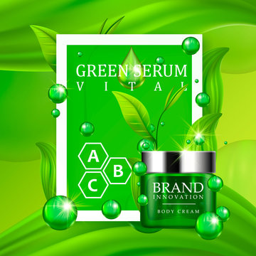 Green cream bottle with silver cap and green leaves on juicy background. Skin care vitamin formula treatment design. Beauty product advertising concept for cosmetic industry. Vector illustration. 