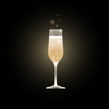 Glass of champagne Vector illustration Glowing glass of champagne Glass of sparkling wine on black background