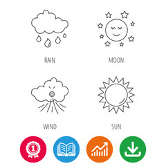 Weather, sun and rain icons. Moon night and wind linear signs. Award medal, growth chart and opened book web icons. Download arrow. Vector