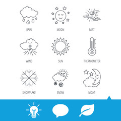 Weather, sun and rain icons. Moon night, clouds and mist linear signs. Wind and snowflakes flat line icons. Light bulb, speech bubble and leaf web icons. Vector