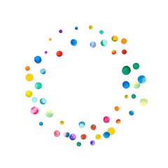 Sparse watercolor confetti on white background. Rainbow colored watercolor confetti bagel shape. Colorful hand painted illustration.