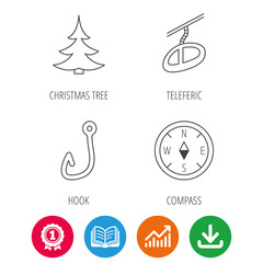 Fishing hook, teleferic and compass icons. Christmas tree linear sign. Award medal, growth chart and opened book web icons. Download arrow. Vector