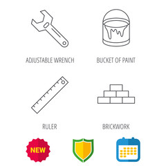 Brickwork, measurement and adjustable wrench icons. Bucket of paint linear sign. Shield protection, calendar and new tag web icons. Vector