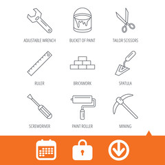 Screwdriver, scissors and adjustable wrench icons. Spatula, mining tool and paint roller linear signs. Brickwork, ruler and painting icons. Download arrow, locker and calendar web icons. Vector