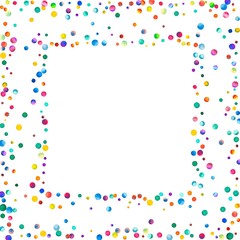 Dense watercolor confetti on white background. Rainbow colored watercolor confetti square scattered frame. Colorful hand painted illustration.