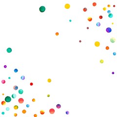 Sparse watercolor confetti on white background. Rainbow colored watercolor confetti abstract chaotic mess. Colorful hand painted illustration.