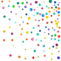 Sparse watercolor confetti on white background. Rainbow colored watercolor confetti random scatter. Colorful hand painted illustration.