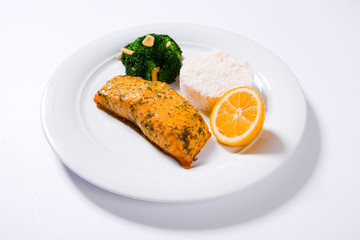 Salmon stake with boiled rise