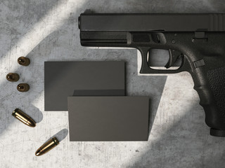 Black business cards on concrete floor with gun and bullets. 3d rendering