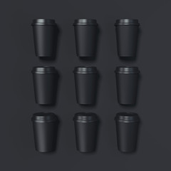 Set of black cardboard coffee cups. 3d rendering