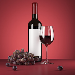 Red wine bottle and Fresh grapes. 3d rendering