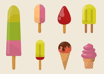 Set ice cartoon colorful cream dessert vector illustration chocolate food sweet cold isolated icon snack cone tasty fruit frozen candy collection