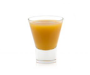 Yellow juice in a glass cup on a white background without shadow