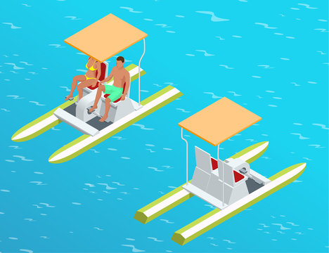Relax on the paddle boat. Couple on pedalo also called pedal boat on a lake. summer time concept. Flat 3d isometric illustration. For infographics, design and games