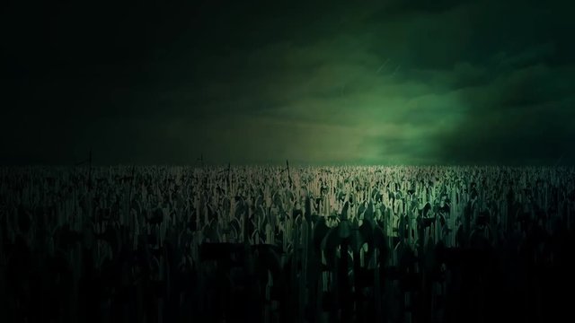 Thousands of Medieval Warriors Marching to War Under a Storm