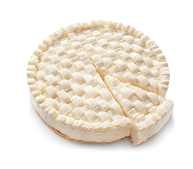 Delicious sliced cheesecake on white background