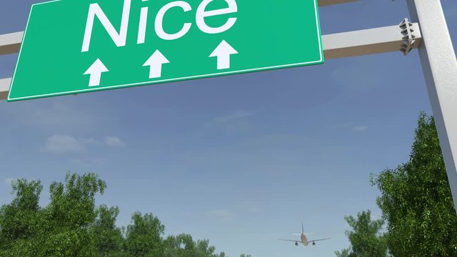 Airplane arriving to Nice airport. Travelling to France conceptual 4K animation