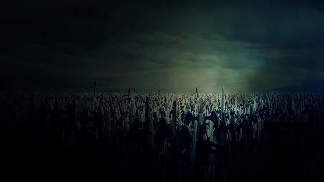 A Massive Army Crowd of Medieval Warriors Under a Storm
