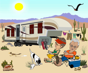 Cartoon with an older couple with a large fifth wheel camping  in the desert, they are relaxing in lawn chairs with drinks, and there are lots of desert animals, cacti around them. 