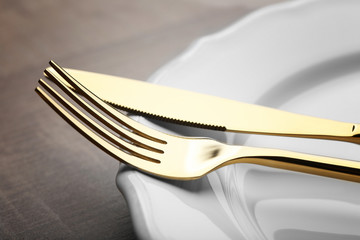 Fork and knife on plate, close up