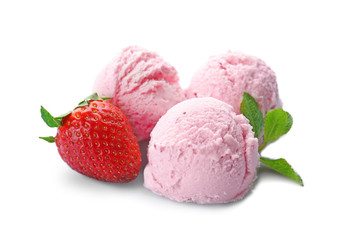Scoops of delicious ice-cream and strawberry on white background