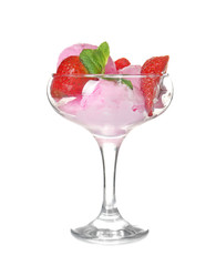 Scoops of delicious ice-cream with strawberry in glass bowl on white background